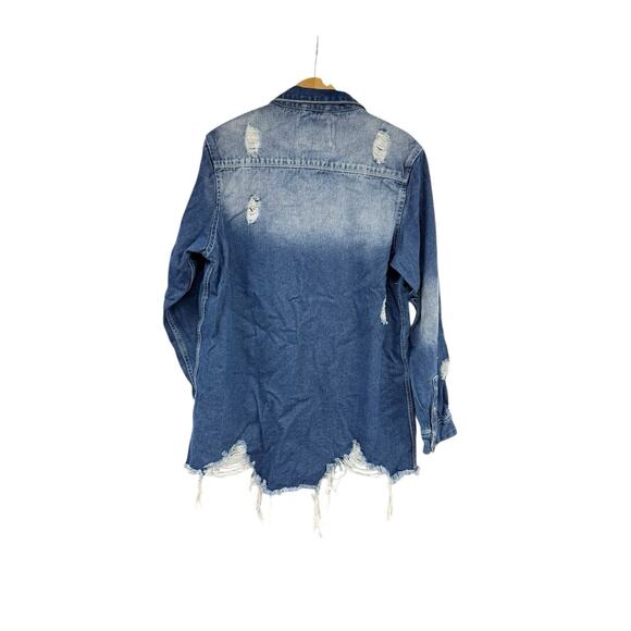 American Bazi Longline Denim Jacket Distressed Dark Wash Womens Large Boutique - Picture 2 of 7